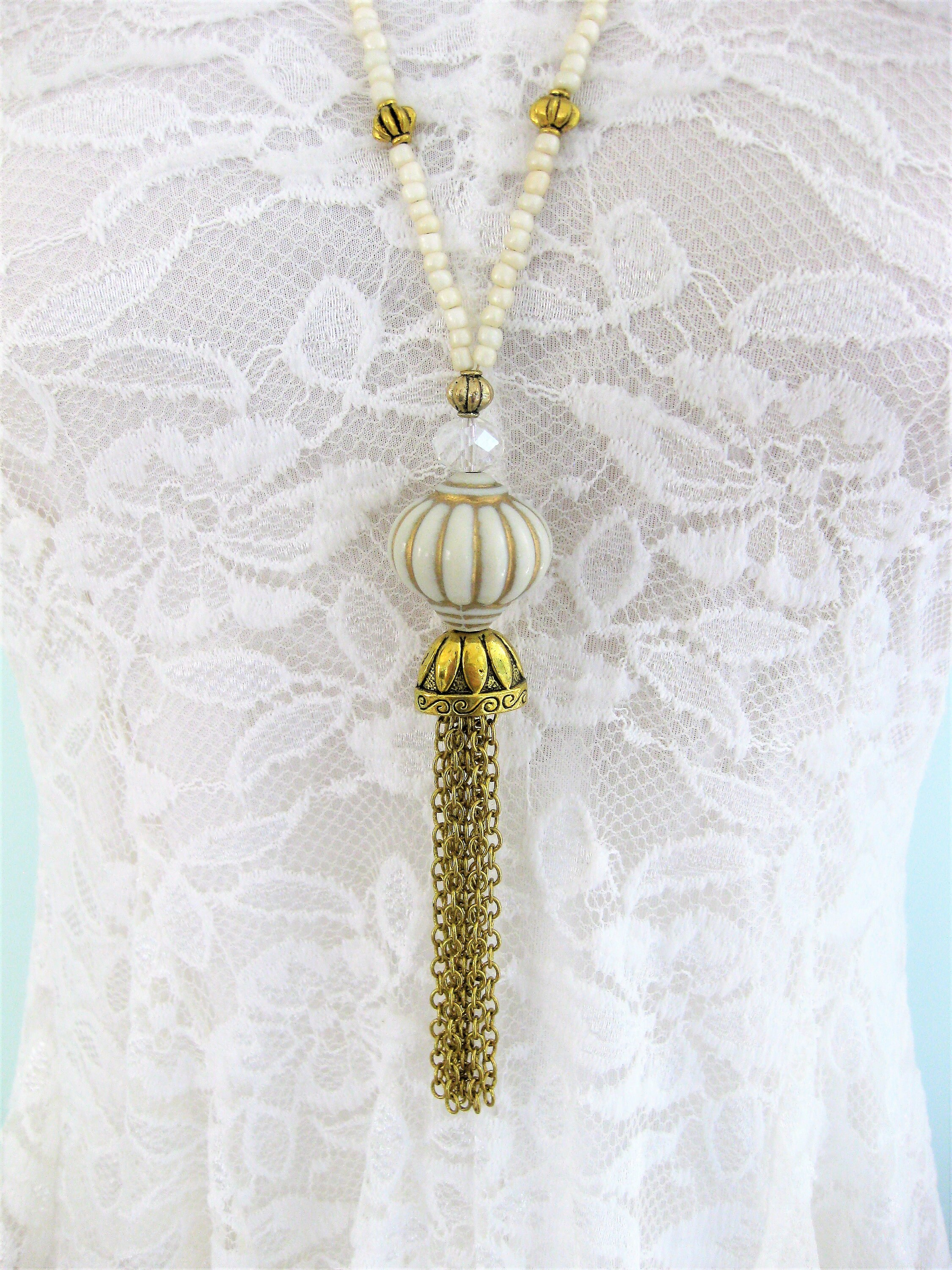 Long Tassel Necklace White and Gold Necklace Beaded Necklace | Etsy