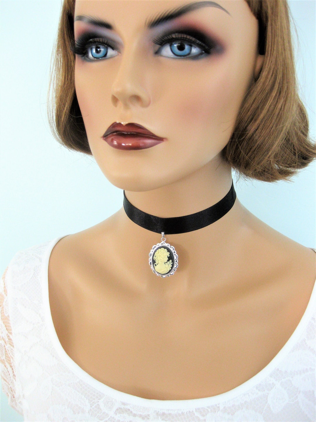 Cameo Choker on Black Ribbon Necklace With Victorian Lady Cameo - Etsy