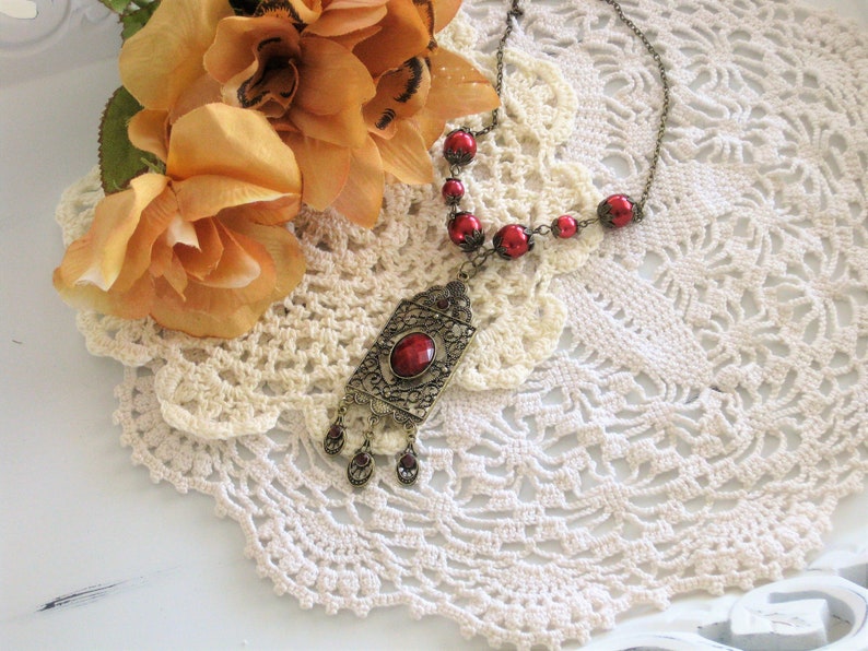 Victorian Style Pendant with Red Pearl Beads, Handmade Victorian Jewelry for Women image 1