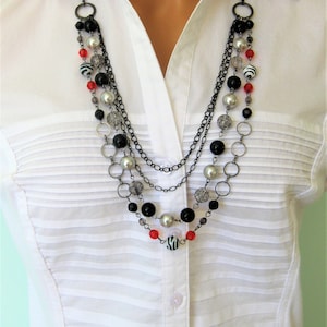 Long Multi Strand Beaded Necklace: Red, Black & Silver Handmade Jewelry