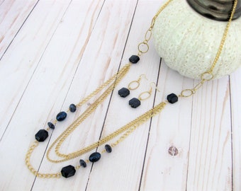 Long Blue and Gold Beaded Necklace for Women, with Matching Earrings, Blue Necklace, Multi Strand Necklace, Blue Earrings, Jewelry for Women