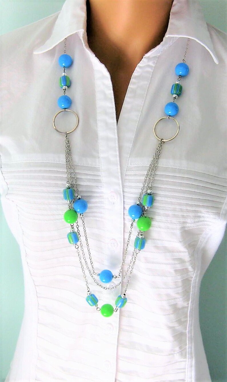 Long Multi Strand Blue and Green Necklace Multi Strand Etsy