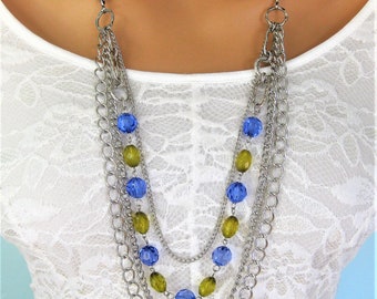 Multi Strand Silver Chain Necklace for Women, Blue and Green Beaded Jewelry