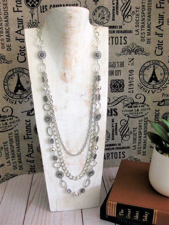 Long Multi Strand Silver Chain Beaded Necklace Handmade Necklace
