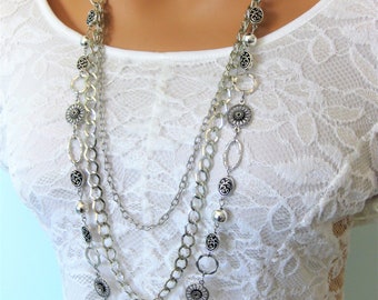Long Multi Strand Silver Chain Beaded Necklace, Handmade Necklace, Long Beaded Necklace, Silver Necklace, Long Necklaces
