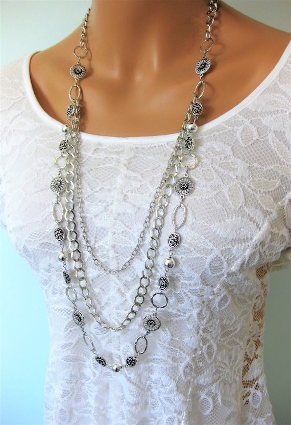 Long Multi Strand Silver Chain Beaded Necklace, Handmade Necklace, Long Beaded  Necklace, Silver Necklace, Long Necklaces 