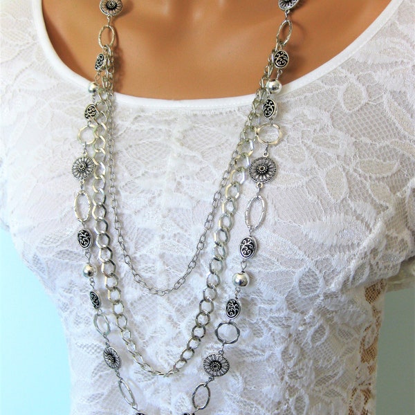 Long Multi Strand Silver Chain Beaded Necklace, Handmade Necklace, Long Beaded Necklace, Silver Necklace, Long Necklaces