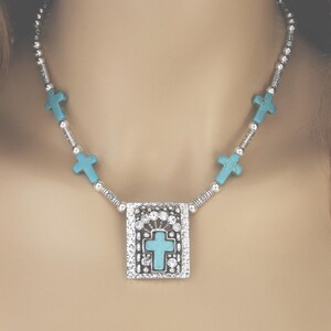 Cross Necklace for Women with Crystal Pendant and Crosses, Religious Jewelry for Women, Silver Beaded Necklace