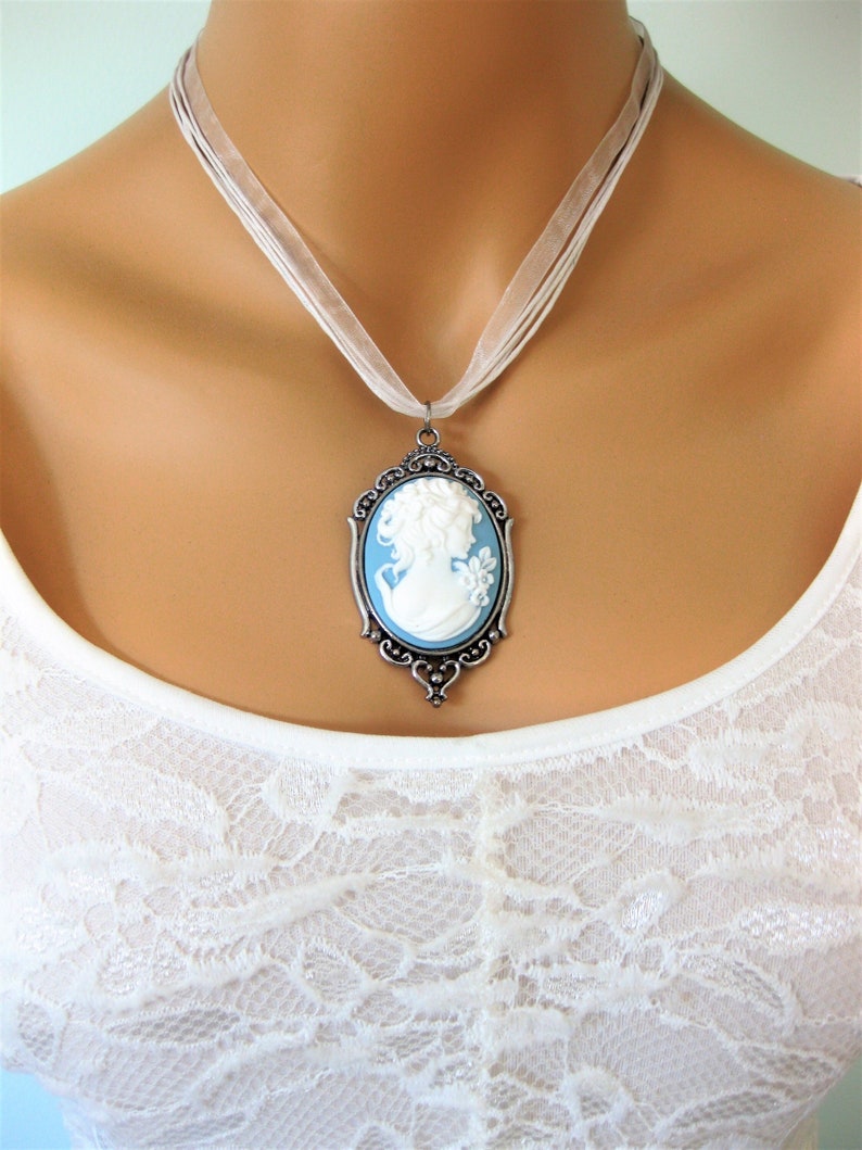 Large Blue Lady Cameo Necklace