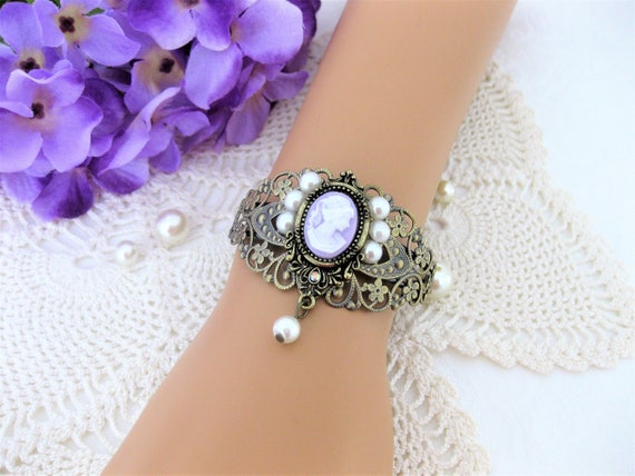 Victorian Lady Cameo Cuff Bracelets with Pearls, Victorian Cameo Bracelet, Cuff Bracelet, Victorian Jewelry, Bridal Jewelry