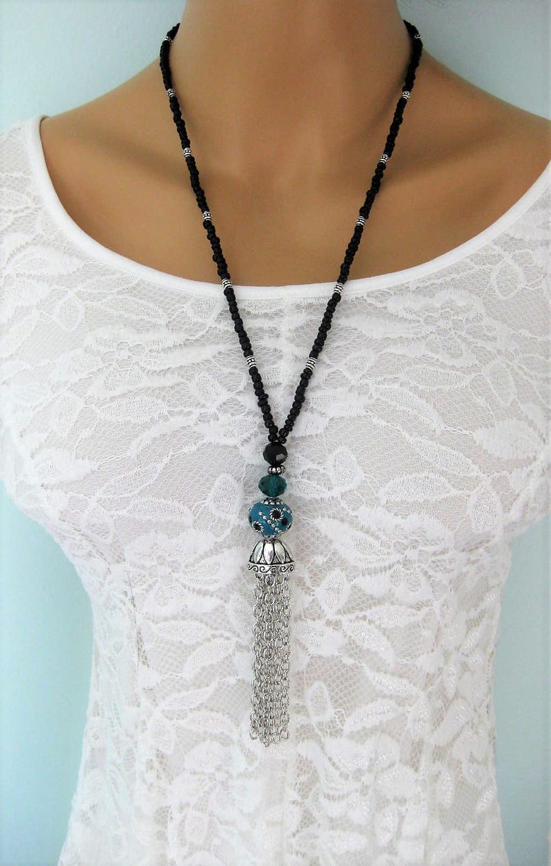 Long beaded necklace with tassel Clearance