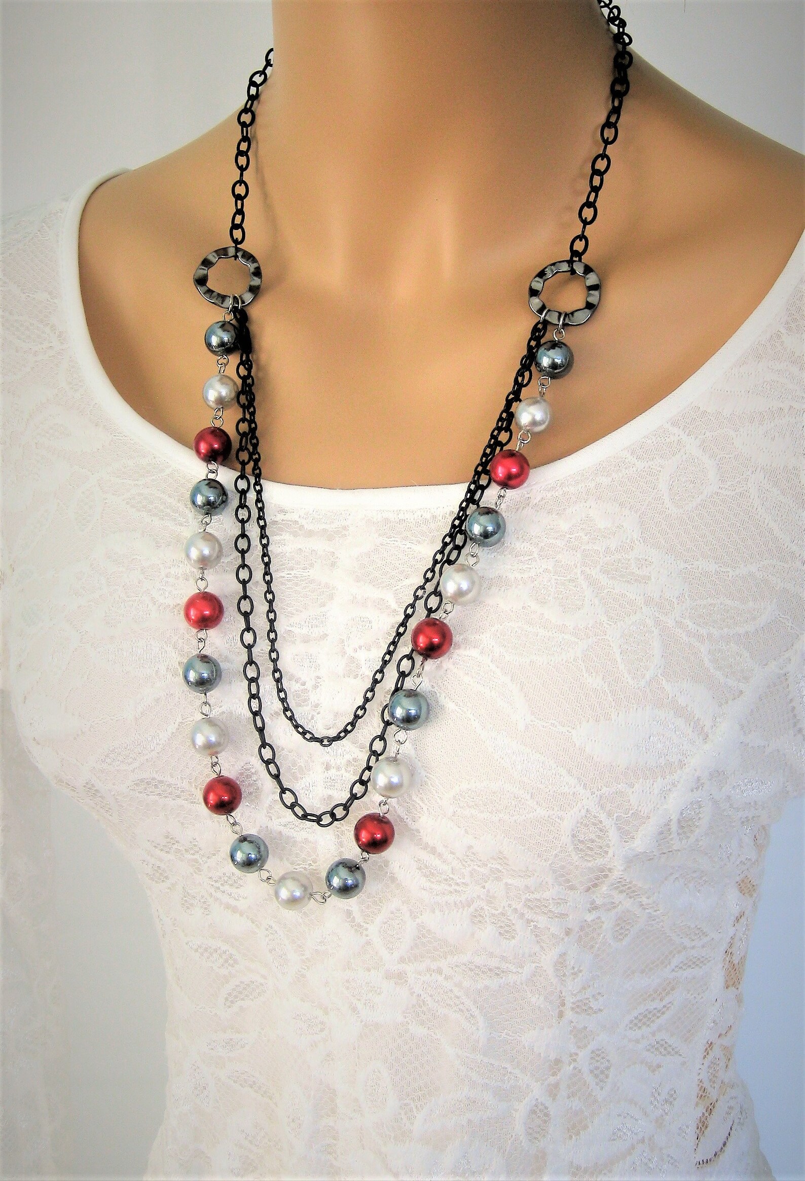 Triple Layer Burgandy Red & Neutral Bead Strand Necklace
