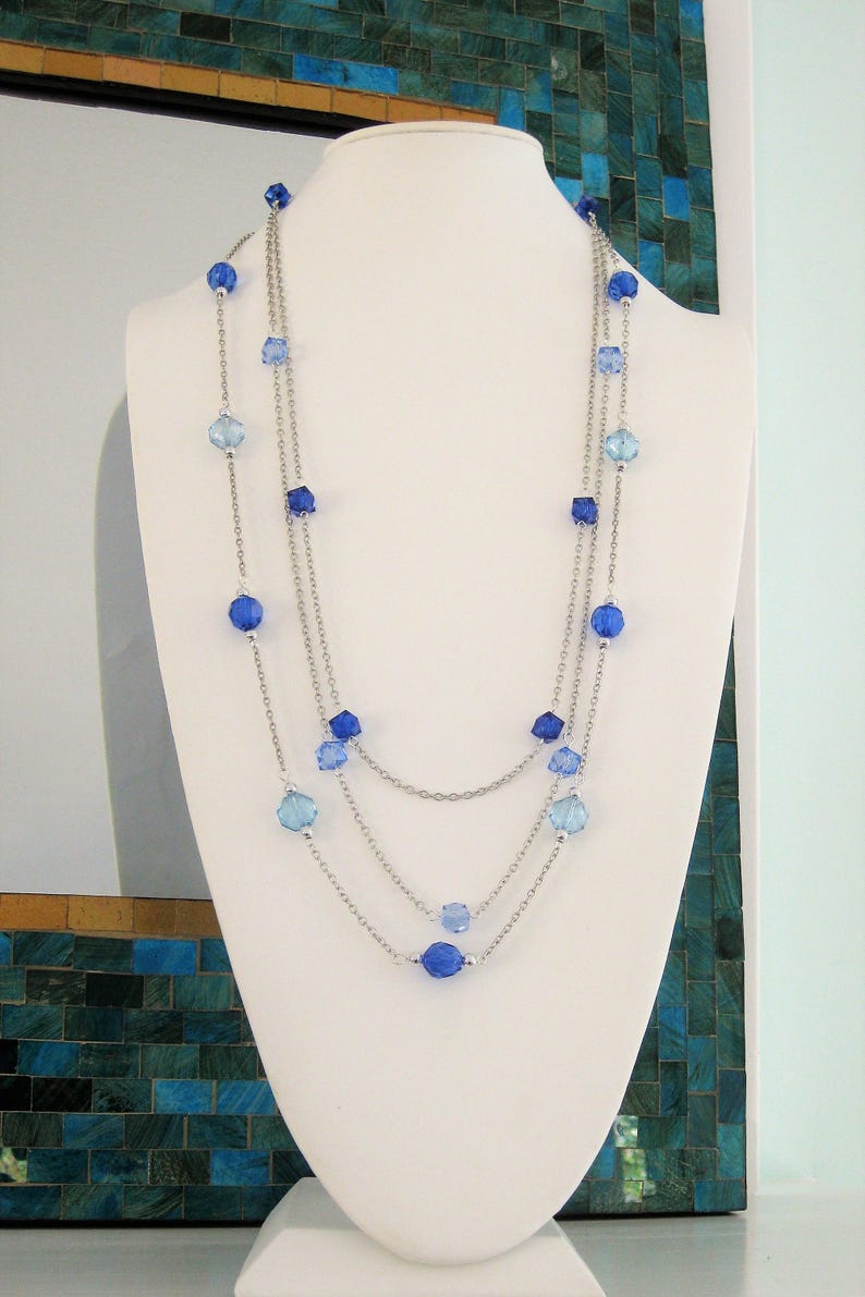 Long Blue Beaded Necklaces Multi Strand Blue Necklace Etsy