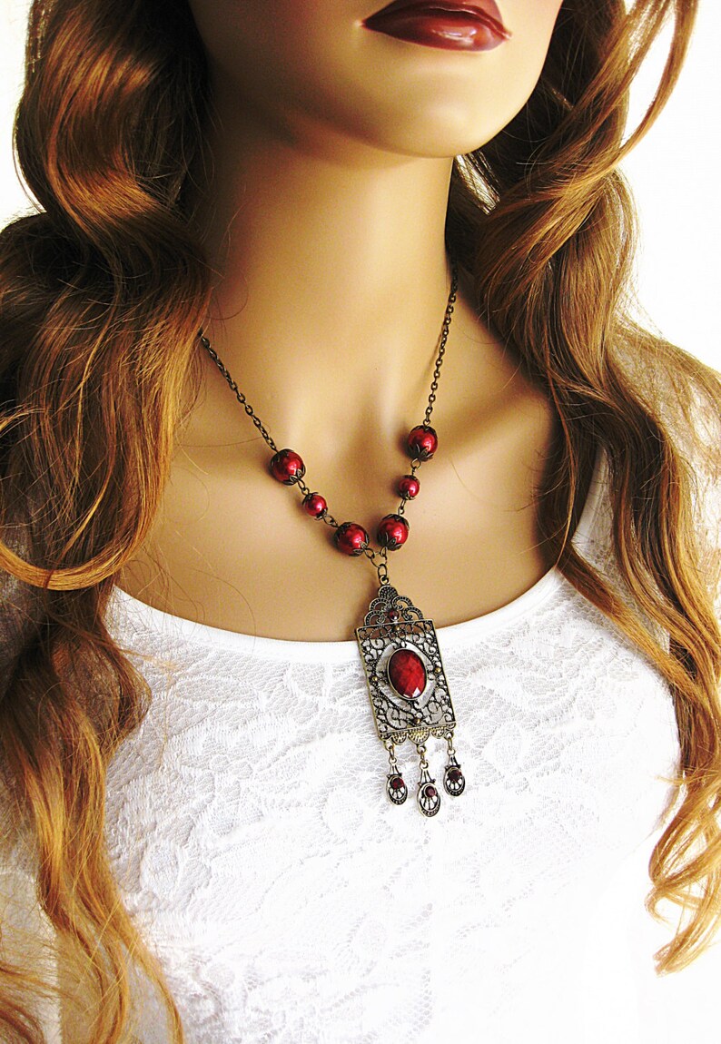 Victorian Style Pendant with Red Pearl Beads, Handmade Victorian Jewelry for Women image 4