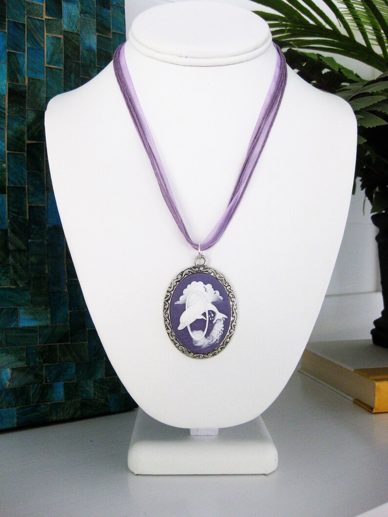 Blue Cameo Dolphin Necklace Cameo Necklace Cameo Jewelry Sea Life Beach Jewelry Short Necklace Dolphin