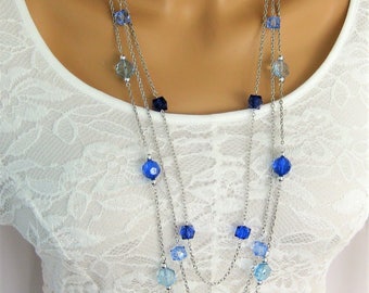 Long Blue Beaded Necklaces Multi Strand Blue Necklace Handmade