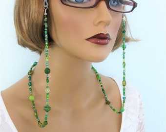 Green Eyeglass Chain, See how this Glasses Lanyard can be worn as a Necklace, Bead Eyeglass Chain, Lanyard for Glasses Handmade Jewelry