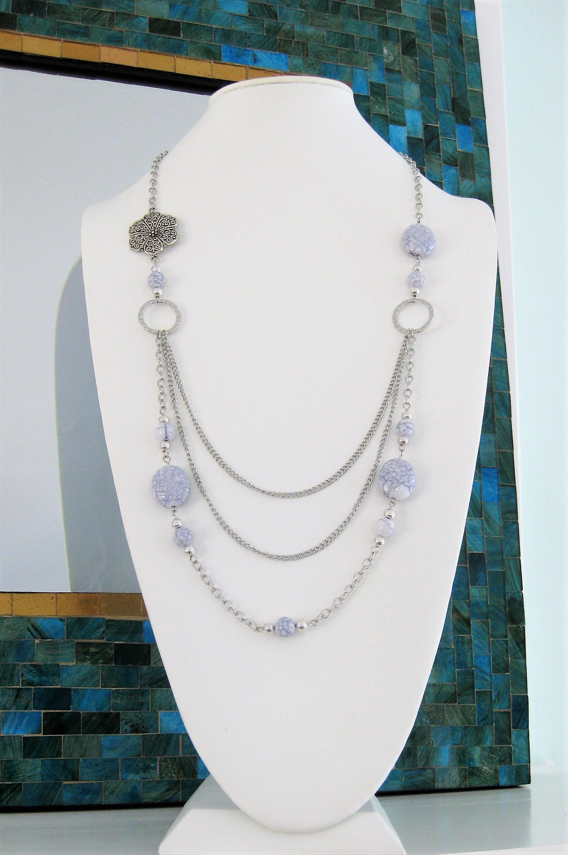 Fairbanks Long Glass Beaded Necklace Gray Multi