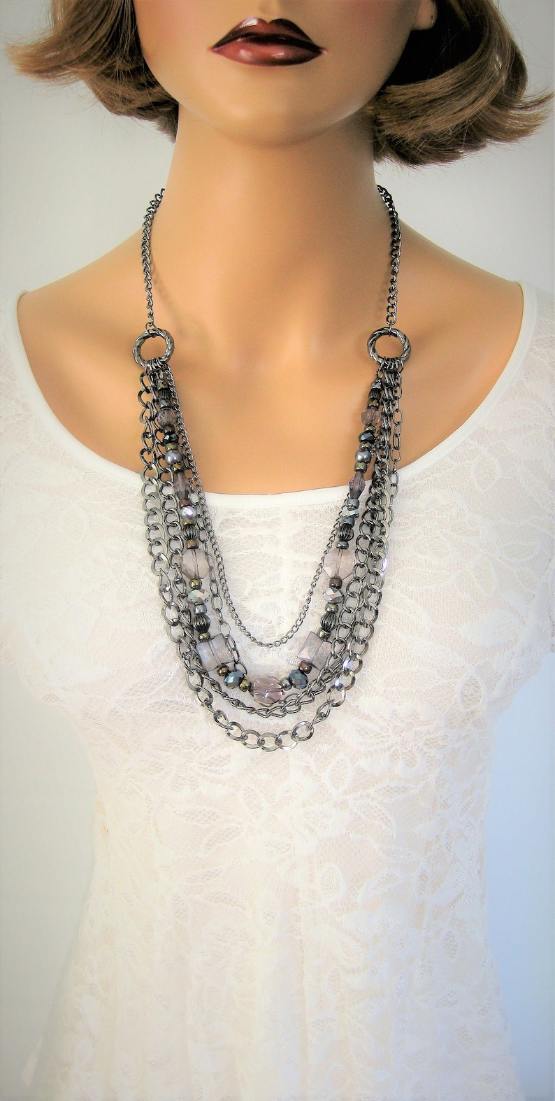 Long Gray Necklace Gray Beaded Necklace Multi Strand Gray Etsy