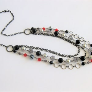 Long Multi Strand Red Black and Silver Necklace for Women, Long Beaded Necklace, Handmade Jewelry for Women, Black Necklace, Red Necklace image 5