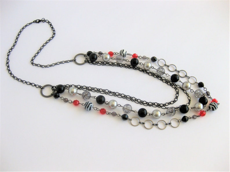 Long Multi Strand Red Black and Silver Necklace for Women, Long Beaded Necklace, Handmade Jewelry for Women, Black Necklace, Red Necklace image 5