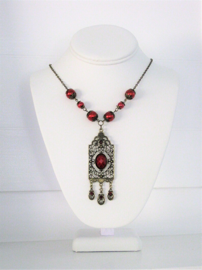 Victorian Style Pendant with Red Pearl Beads, Handmade Victorian Jewelry for Women image 5