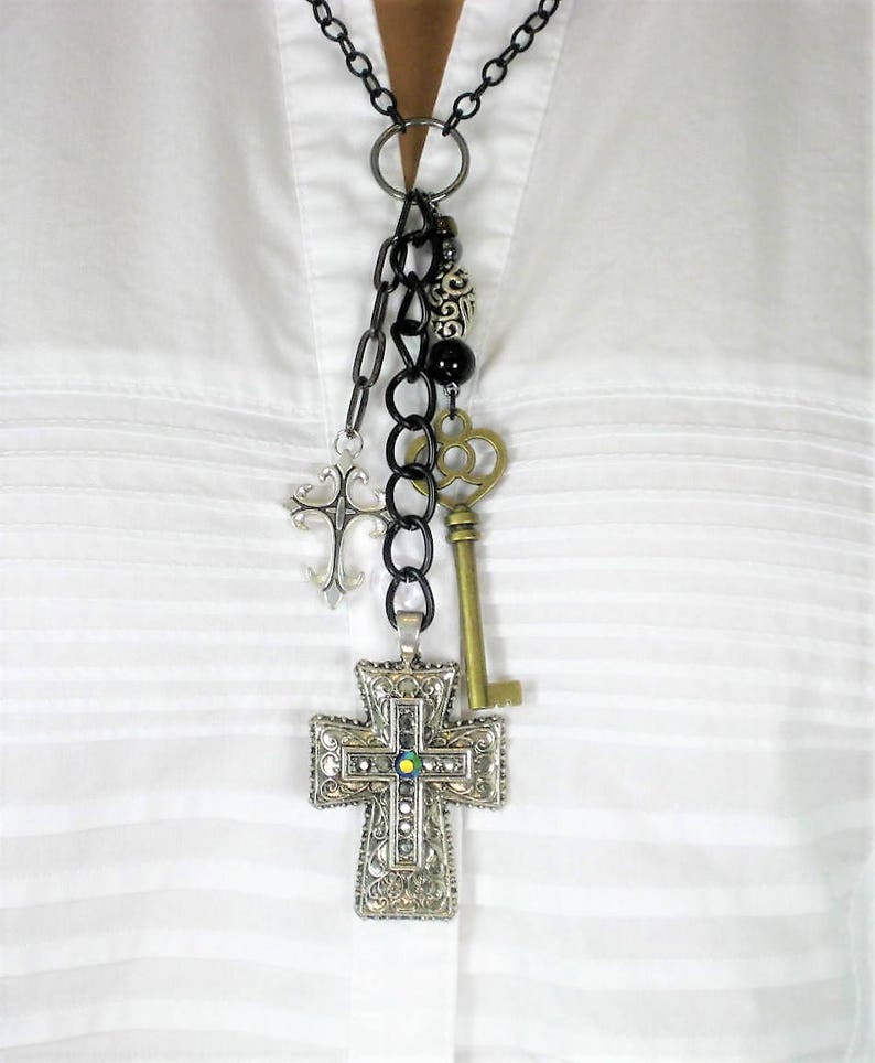 Long Black Necklace With Large Silver Cross Chunky Image 0