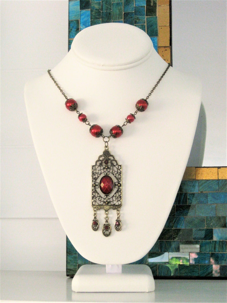 Victorian Style Pendant with Red Pearl Beads, Handmade Victorian Jewelry for Women image 9