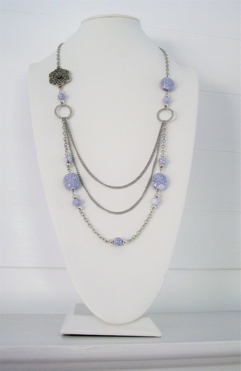 Long Gray Necklace Long Silver Necklace Gray Multi Strand Etsy