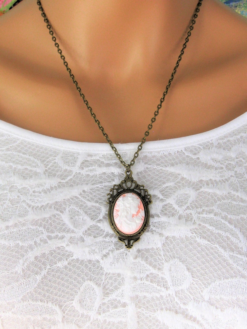 Cameo Necklaces for Women, Victorian Cameos with Black Brown Pink or Green Lady Cameos, Cameo Jewelry for Women, Cameo Pendants Pink