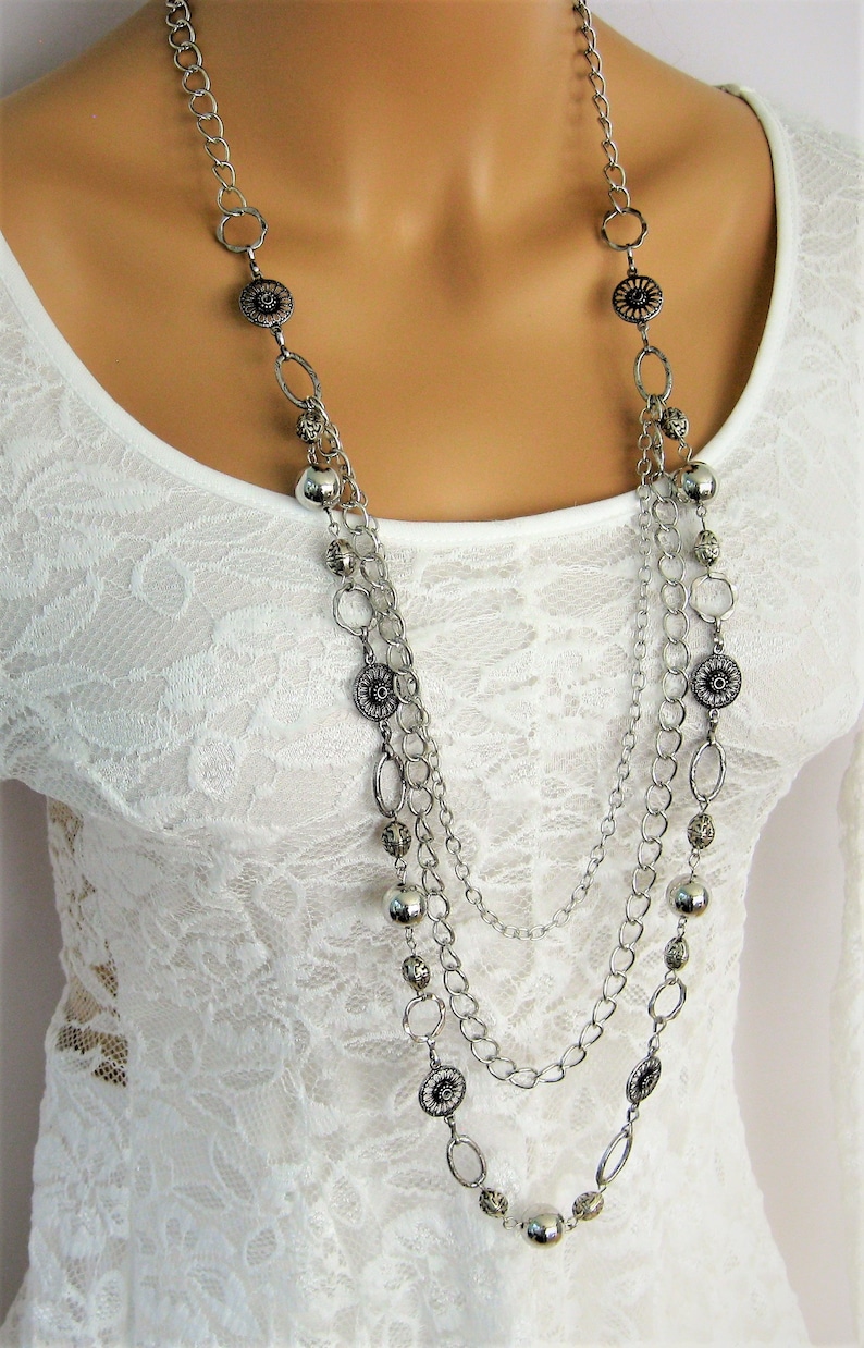 Long Multi Strand Silver Chain Beaded Necklace Handmade Etsy