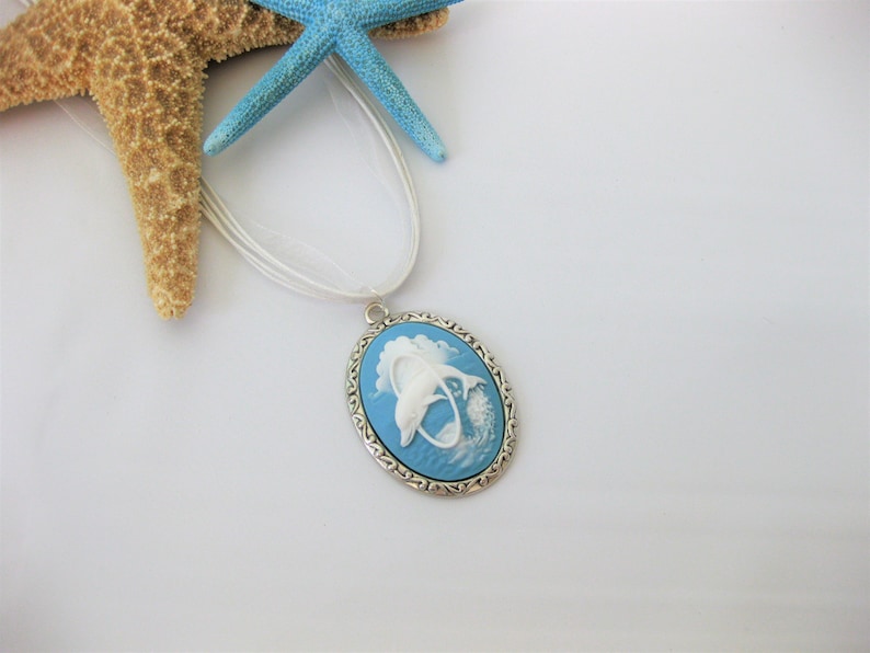 Blue Cameo Dolphin Necklace Cameo Necklace Cameo Jewelry Sea Life Beach Jewelry Short Necklace Dolphin
