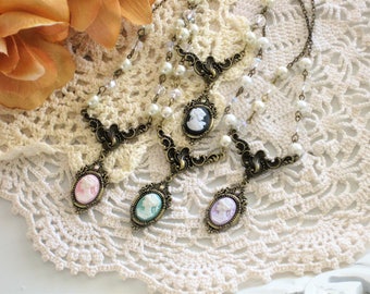 Victorian Cameo Jewelry for Women, Lady Cameo Necklaces Click to see all the color choices, Necklaces made with Pearl and Crystal beads