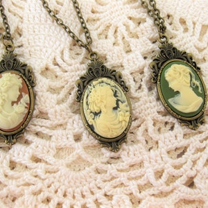 Cameo Necklaces for Women, Victorian Cameos with Black Brown Pink or Green Lady Cameos, Cameo Jewelry for Women, Cameo Pendants image 1