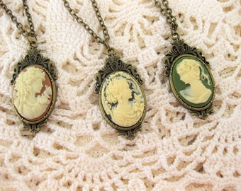 Cameo Necklaces for Women, Victorian Cameos with Black Brown Pink or Green Lady Cameos, Cameo Jewelry for Women, Cameo Pendants