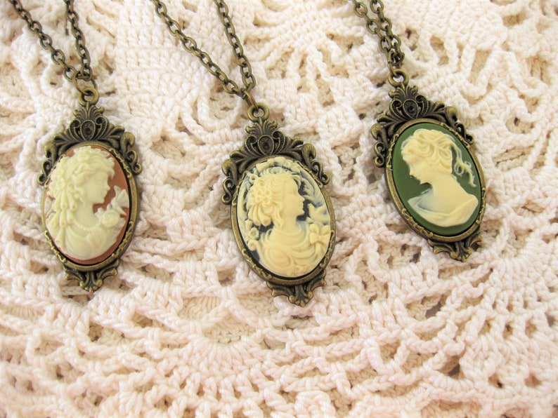 Cameo Necklaces for Women, Victorian Cameos with Black Brown Pink or Green Lady Cameos, Cameo Jewelry for Women, Cameo Pendants image 1