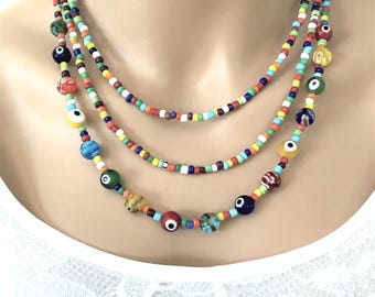 Multi Strand Beaded Necklace: Colorful Glass Beads, Evil Eye, Millefiori