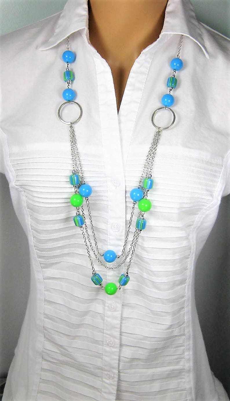 Long Multi Strand Blue and Green Necklace Multi Strand Etsy