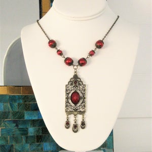 Victorian Style Pendant with Red Pearl Beads, Handmade Victorian Jewelry for Women image 7