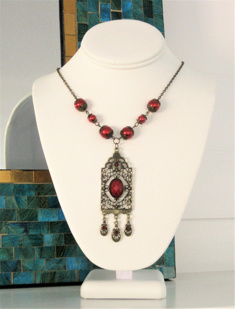 Victorian Style Pendant with Red Pearl Beads, Handmade Victorian Jewelry for Women image 7