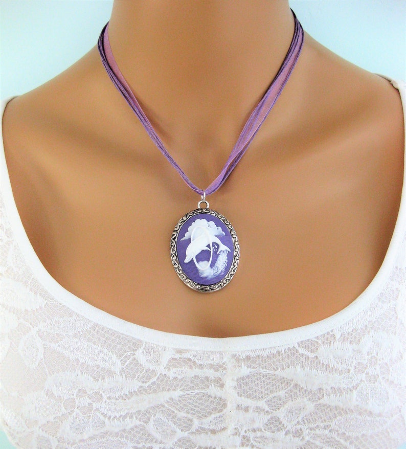 Blue Cameo Dolphin Necklace Cameo Necklace Cameo Jewelry Sea Life Beach Jewelry Short Necklace Dolphin