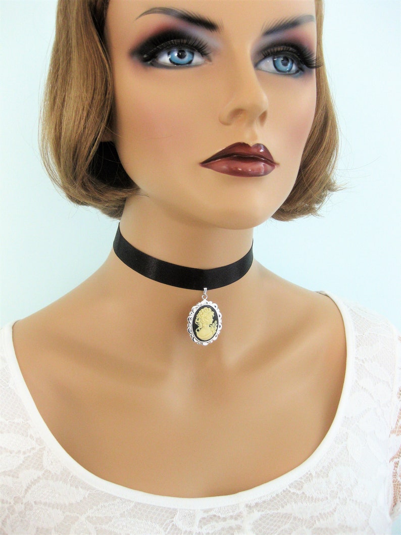 Cameo Choker on Black Ribbon Necklace With Victorian Lady Cameo - Etsy