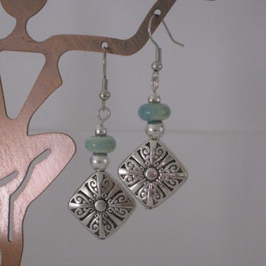 Large Square Ornate Silver Beaded Earrings With Aqua Ceramic Beads ...