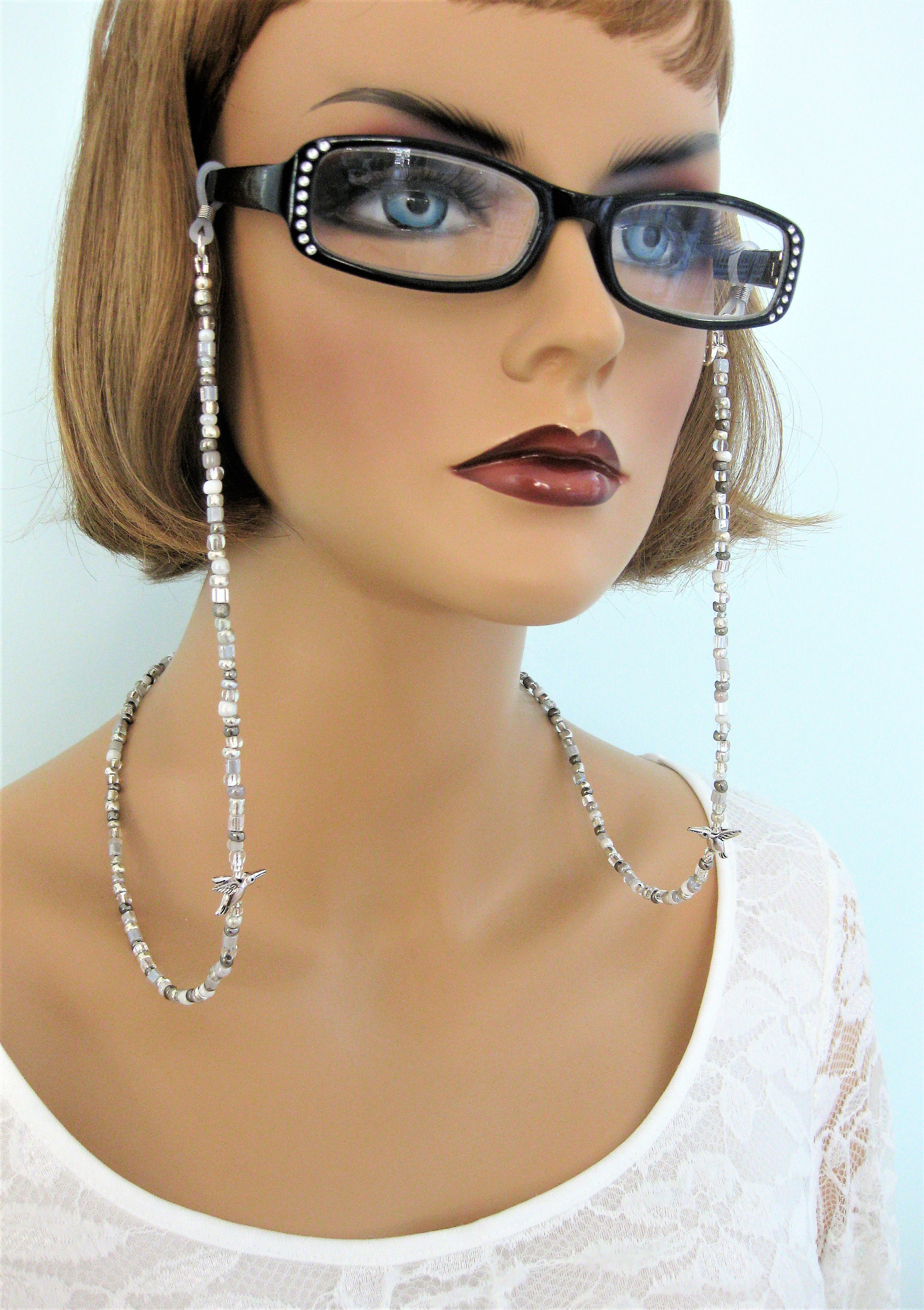Eyeglass Chain Beaded with Silver Humming Bird Beads Eyeglass Etsy
