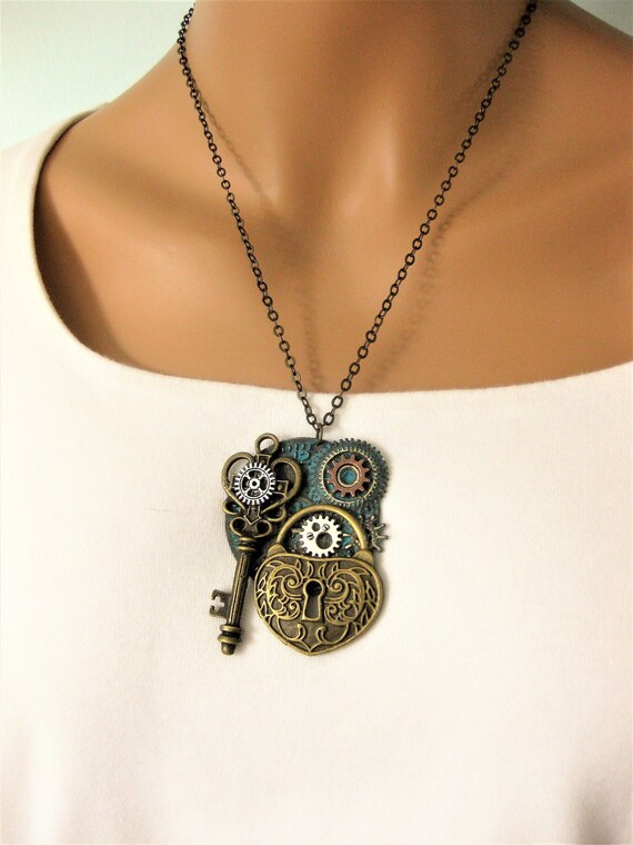 Steampunk Lock and Key Necklace: Brass Gear Assemblage Jewelry
