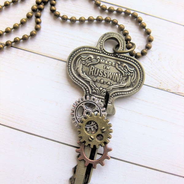 Steampunk Key Necklace with Vintage Russwin Antique Key, Steampunk Jewelry for Women & Men, Unisex Key Necklace, Handmade Jewelry