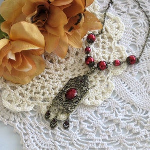 Victorian Style Pendant with Red Pearl Beads, Handmade Victorian Jewelry for Women image 8