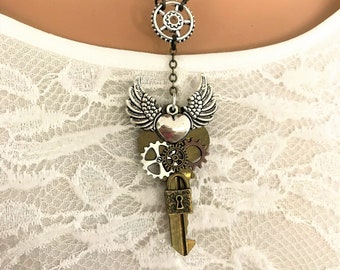Steampunk Key Assemblage Necklace: Brass Gears & Winged Heart