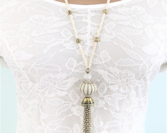 Long Gold Tassel Necklace: White Beaded Jewelry