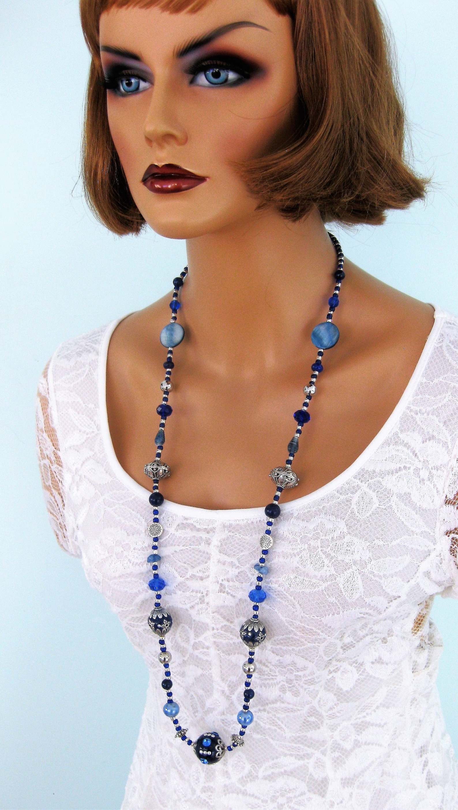 Long Blue Beaded Necklaces for Women, Two Styles Blue Necklaces With